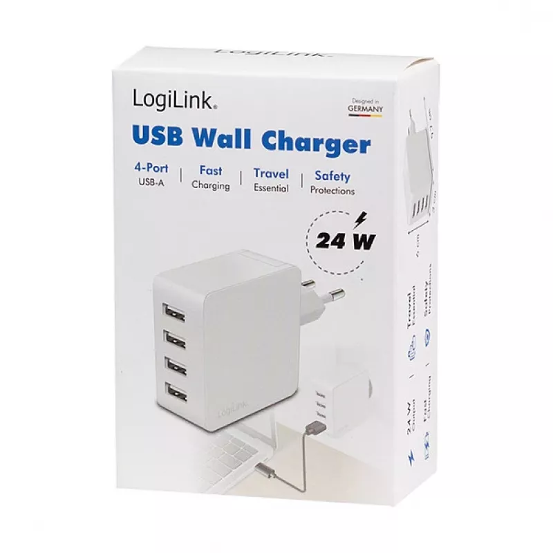 Logilink USB-A laadija, 24 W, 4 pordiga, 4x USB-A, valge