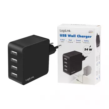 LogiLink USB-A seinelaadija, 24W, 4 pordiga, 4x USB-A, must