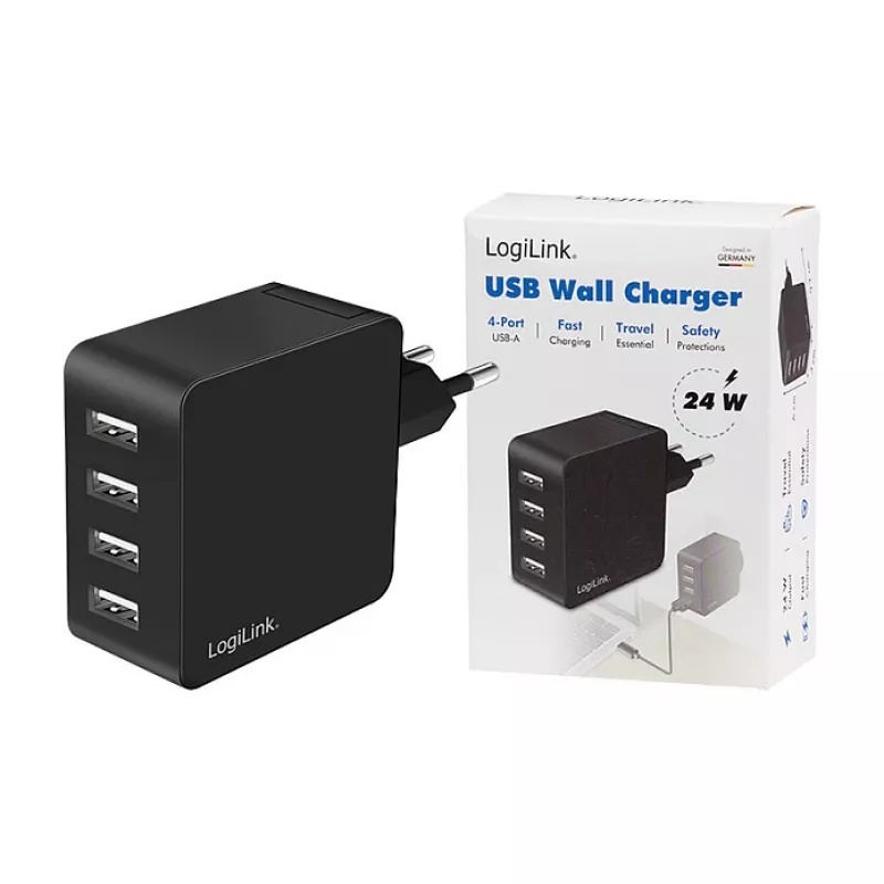 LogiLink USB-A seinelaadija, 24W, 4 pordiga, 4x USB-A, must