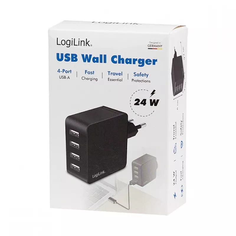 LogiLink USB-A seinelaadija, 24W, 4 pordiga, 4x USB-A, must