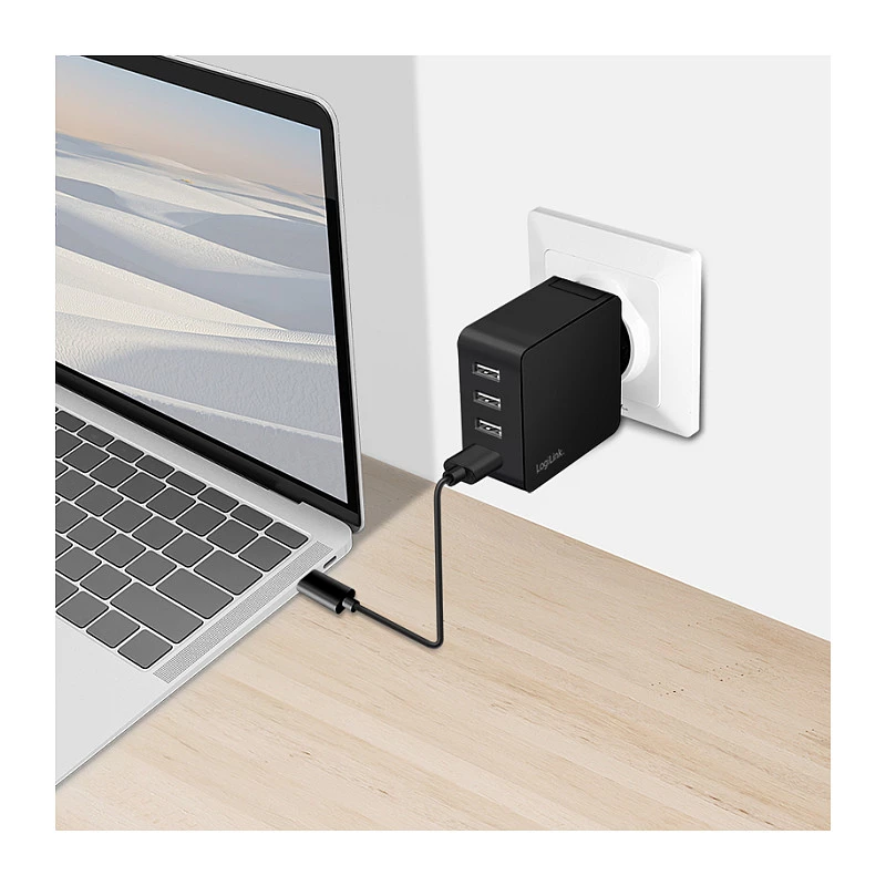 LogiLink USB-A seinelaadija, 24W, 4 pordiga, 4x USB-A, must