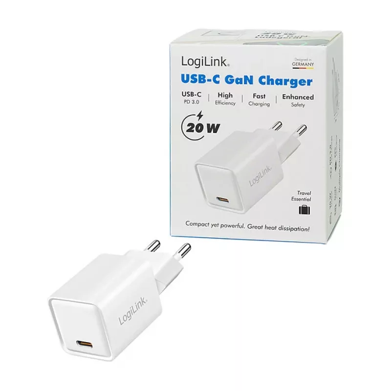 LogiLink USB-C laadija 20W GaN, 1 pordiga, USB Power Delivery, valge