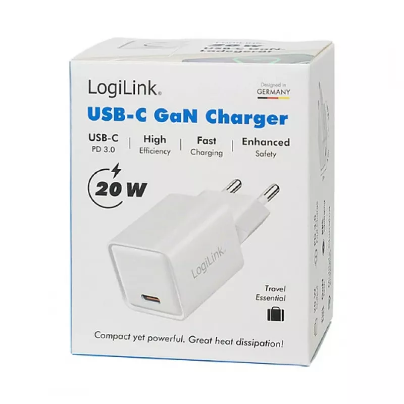 LogiLink USB-C laadija 20W GaN, 1 pordiga, USB Power Delivery, valge