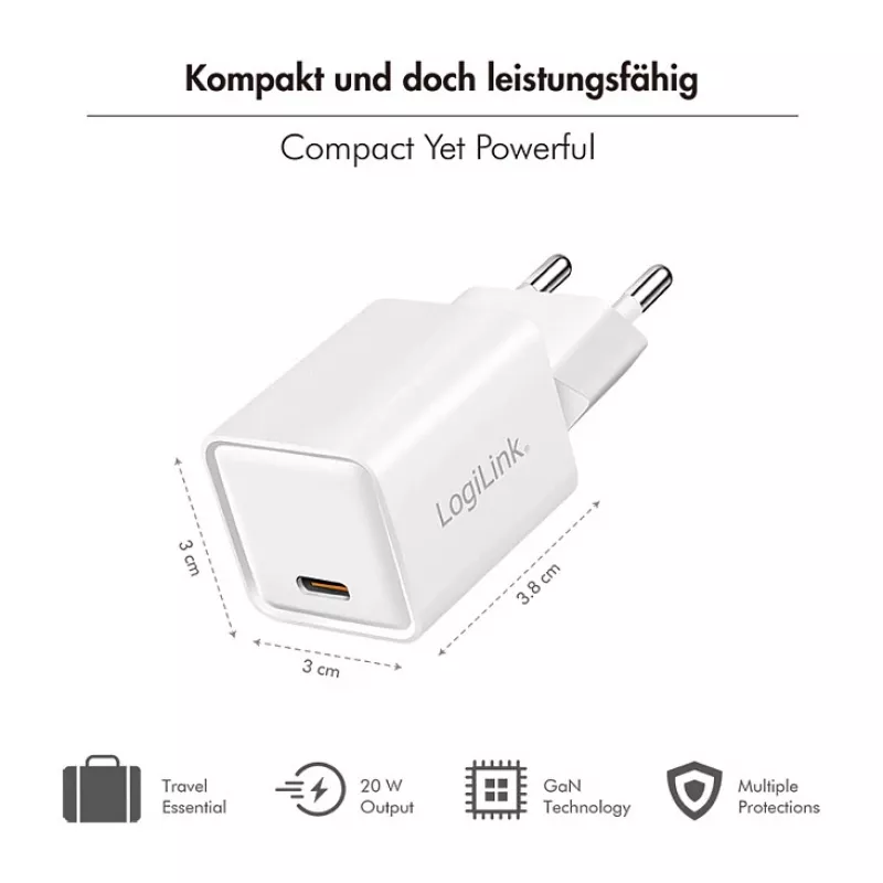 LogiLink USB-C laadija 20W GaN, 1 pordiga, USB Power Delivery, valge
