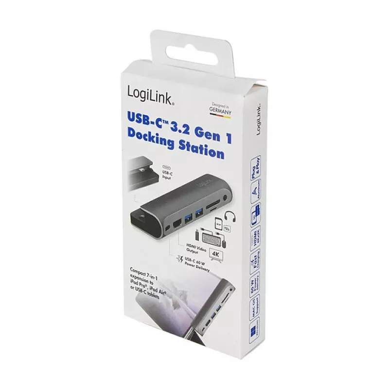 LOGILINK USB-C dokkimisjaam, 7 porti, USB 3.2 Gen1, 100W PD, 4K HDMI, iPadile, alumiinium (UA0385)