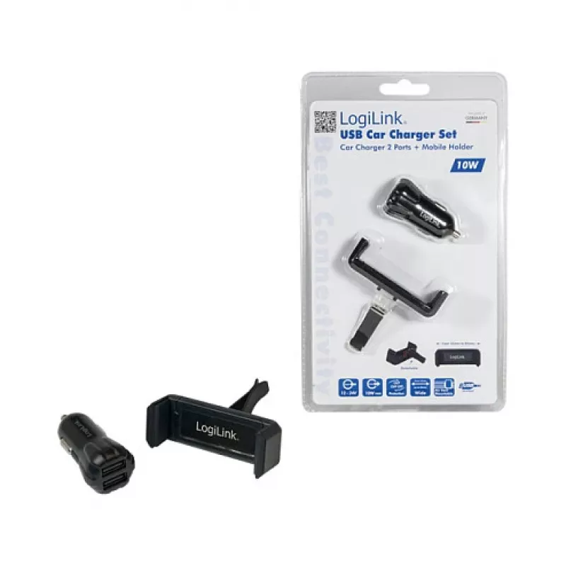 LogiLink USB auto laadija komplekt, 2-pordiline laadija + hoidik