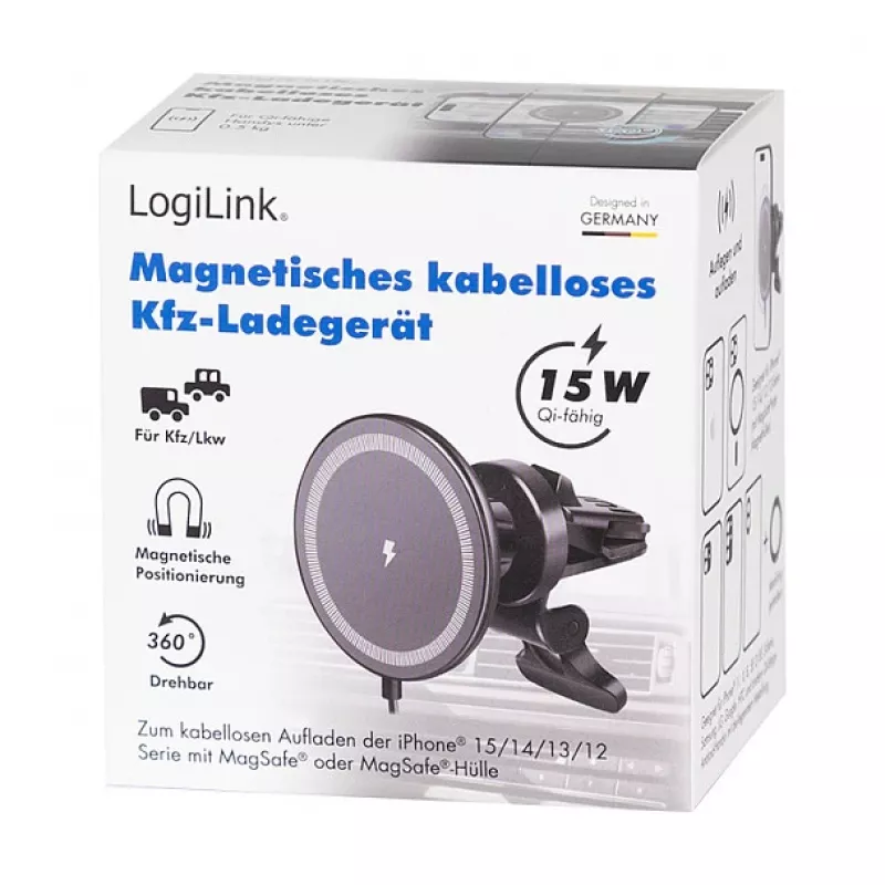LogiLink juhtmevaba autolaadija koos telefoni hoidikuga 15W, ümmargune, Qi, automaatne kinnitus, õhutusava ja iminapp, must