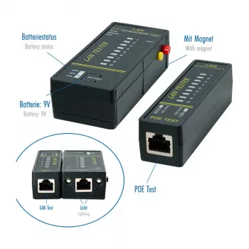 LOGILINK WZ0080 LAN-kaabli tester ja PoE-detektor magneti, taskulambi, taustvalgustusega LCD-ekraani ja 300 m ulatusega