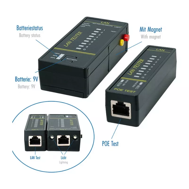 LOGILINK WZ0080 LAN-kaabli tester ja PoE-detektor magneti, taskulambi, taustvalgustusega LCD-ekraani ja 300 m ulatusega
