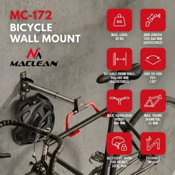 MACLEAN MC-172 Horisontaalne seinale kinnitatav jalgrattahoidik, teras, 30 kg kandevõime, reguleeritav nurk, kokkupandav, must
