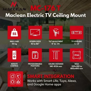 Maclean MC-176 T elektriline lae TV-kinnitus koos Tuya nutijuhtimisega, VESA 200x200 kuni 800x400, 43-86 tollistele teleritele, 55 kg koormus, must
