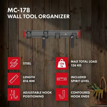 Maclean MC-178 seinale kinnitatav terasest tööriistakorraldaja, 136 kg koormus, 816 mm lai, pegboard-paneel