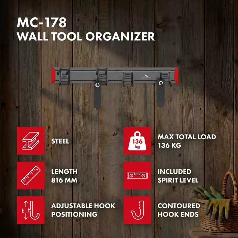 Maclean MC-178 seinale kinnitatav terasest tööriistakorraldaja, 136 kg koormus, 816 mm lai, pegboard-paneel