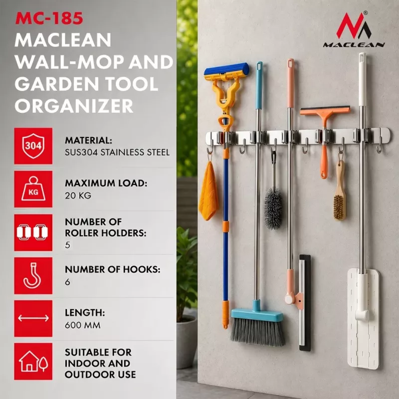 Maclean MC-185 Seinale kinnitatav tööriistahoidja aiatööriistadele ja moppidele, teras, 60 cm, 20 kg koormus, konksudega