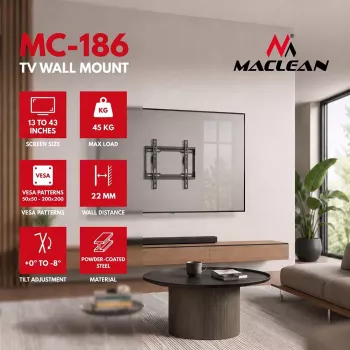 MACLEAN MC-186 Kallutatav TV-seinakinnitus 13-43 inch ekraanidele, VESA 200x200, 45 kg, must