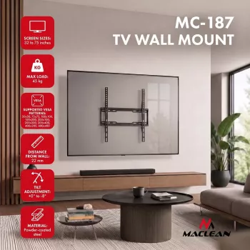 MACLEAN MC-187 Kallutatav TV seinakinnitus 32-75 tollistele ekraanidele, VESA kuni 400x400, 45 kg, must