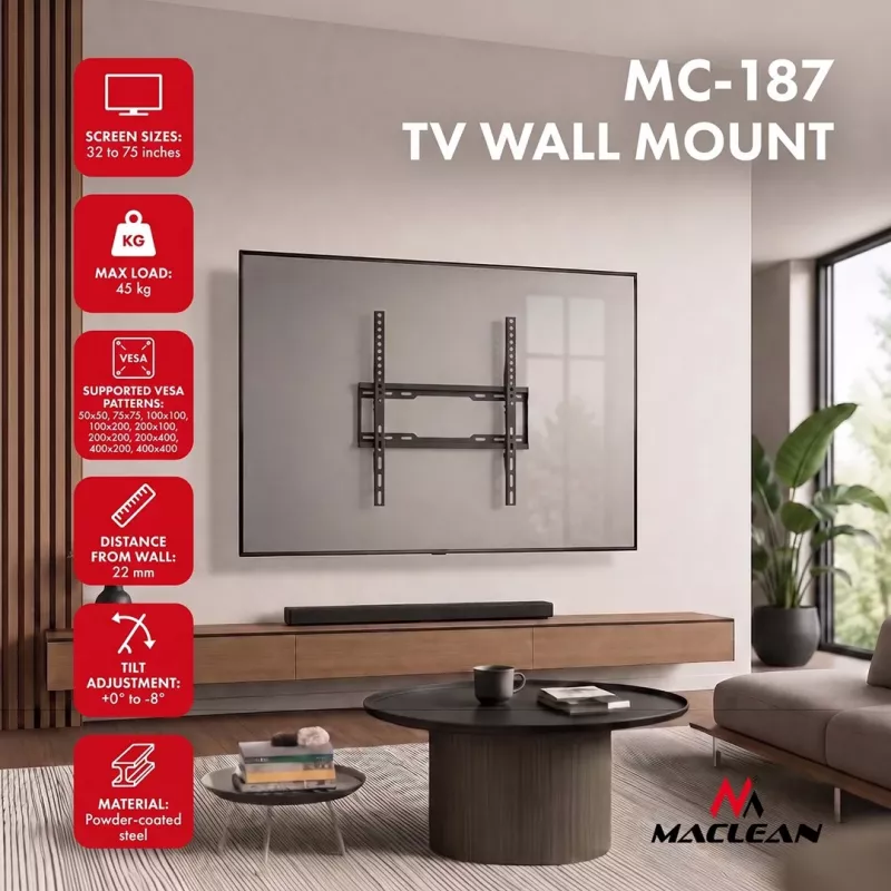 MACLEAN MC-187 Kallutatav TV seinakinnitus 32-75 tollistele ekraanidele, VESA kuni 400x400, 45 kg, must