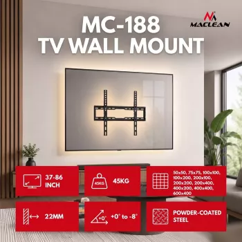 MACLEAN MC-188 TV seinakinnitus, max VESA 600x400, 37-86 tolli, kuni 45 kg, must, kaldenurk 0°–8°
