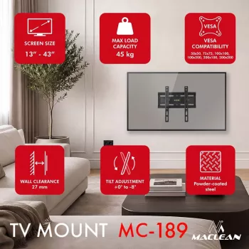 MACLEAN MC-189 Kallutatav TV-seinale kinnitus 13-43 tollistele ekraanidele, VESA 200x200, 45 kg, must