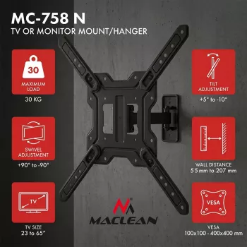 Maclean MC-758 N fikseeritud seinakinnitus 23-65 tollistele teleritele ja monitoridele, 30 kg, VESA 400x400, must