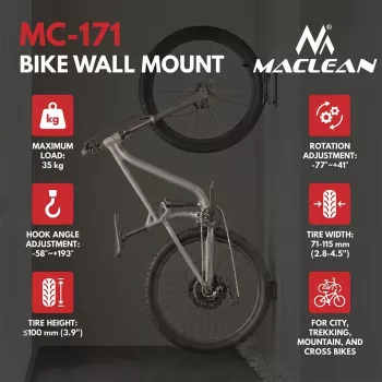 Maclean seinale kinnitatav jalgrattahoidja / ripphoidja, max koormus 35 kg, reguleeritav kaldenurk, teras, MC-171