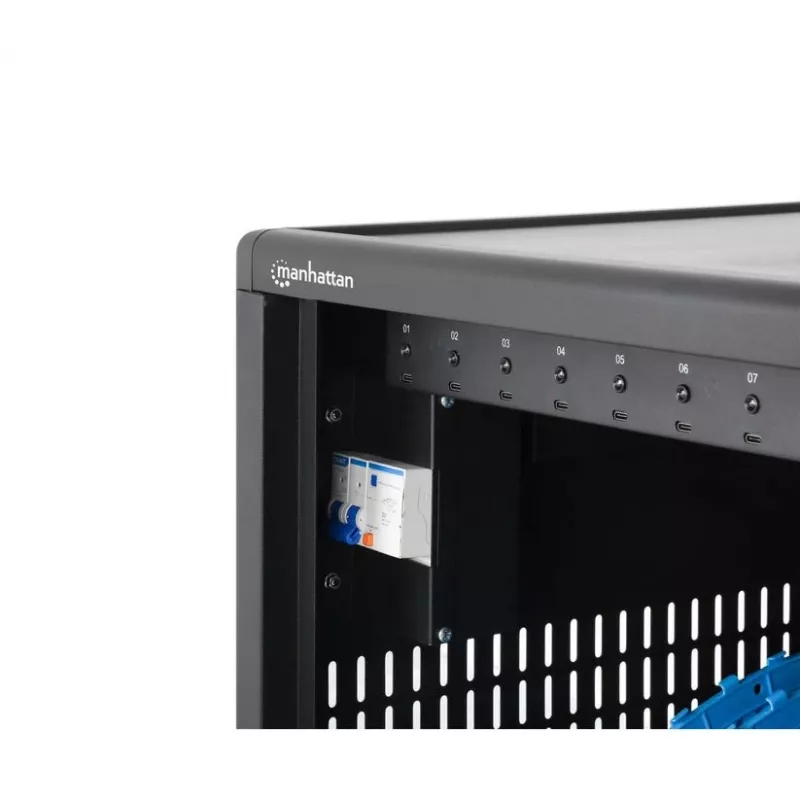 Manhattan 12-kohaline USB-C sülearvuti laadimiskapp ratastel, 65W pordi kohta, 780W kokku, teras, must, UK ja EL kaablid, 395x32.5x290mm lahtrid