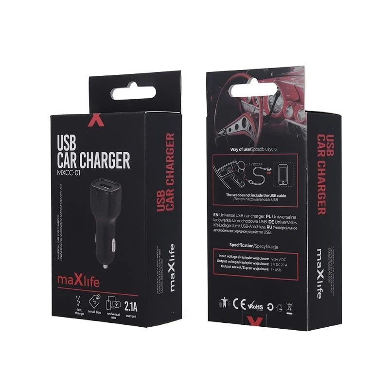 MAXLIFE MXCC-01 Fast Charge 2.1A autolaadija - must