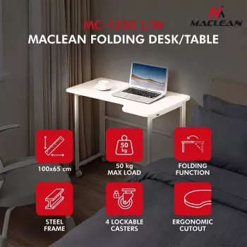 MCN Maclean Kokkupandav L-kujuline laud Valge 100x65 cm liikuv lukustatavate ratastega MC-1250 L/W