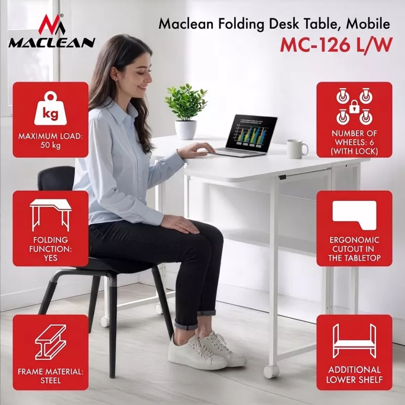 MCN Maclean MC-126 L/W Kokkupandav L-kujuline laud, valge, mobiilne, 100x73 cm, 50 kg koormus