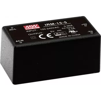 MEAN WELL IRM-15-5 15W 5V 3A kapseldatud PCB-montaažiga toiteallikas, 85-264VAC sisend, must