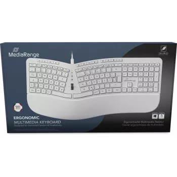 MediaRange MROS272 ergonoomiline juhtmega klaviatuur, poolitatud disain, 124 klahvi, integreeritud kerimisrull, valge