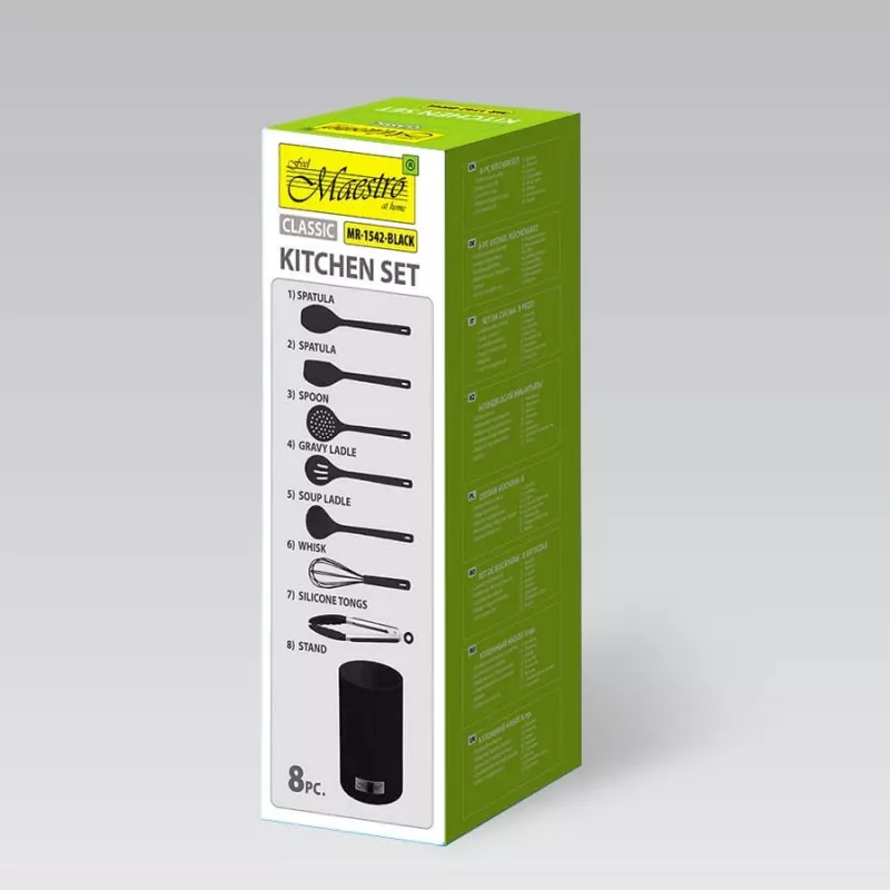MEO MR-1542-BLACK MAESTRO 8-osaline köögitarvikute komplekt pöörleva roostevabast terasest alusega, mustad nailonpead
