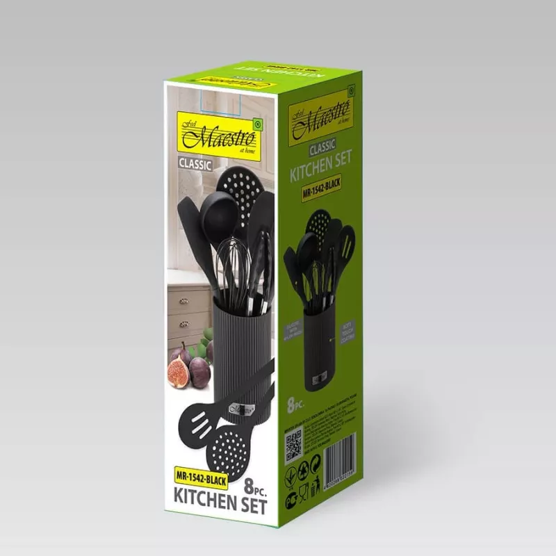MEO MR-1542-BLACK MAESTRO 8-osaline köögitarvikute komplekt pöörleva roostevabast terasest alusega, mustad nailonpead