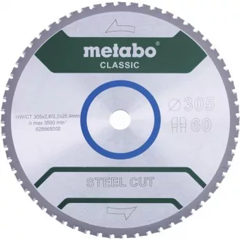 Metabo STEEL CUT CLASSIC ketassaetera 305 x 25,4 x 2,2 mm, 60 hammast, volframkarbiid TCG, negatiivne hambanurk, terase kuivlõikamiseks 628668000