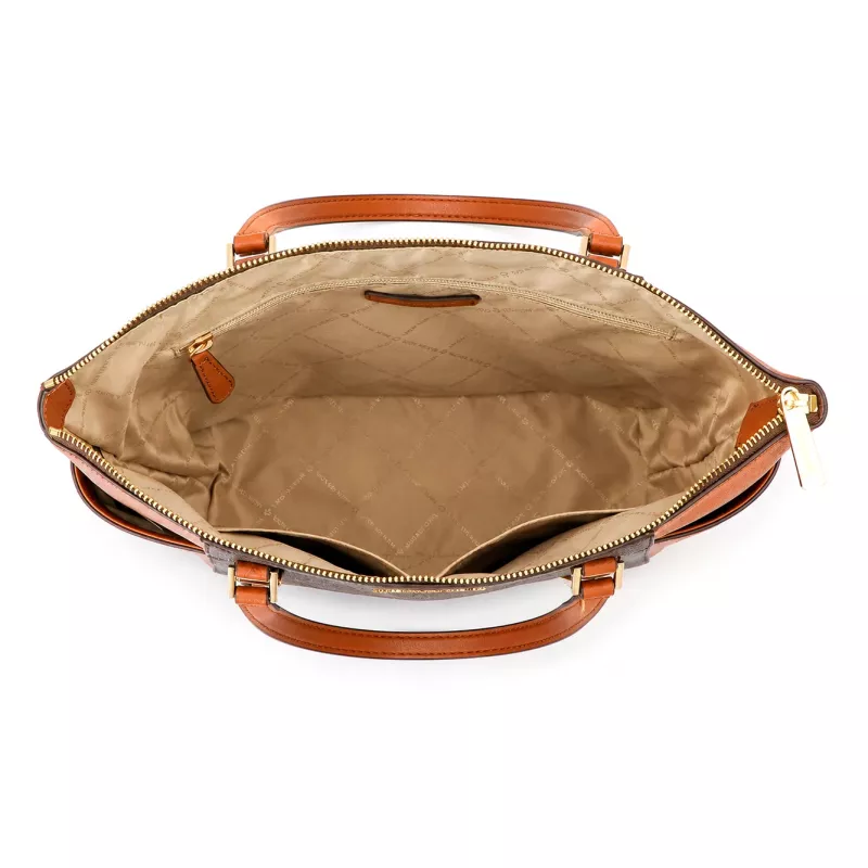 Michael Kors Carmen naiste õlakott - pruun Saffiano nahk kuldsete metalldetailidega (25x28x11 cm)