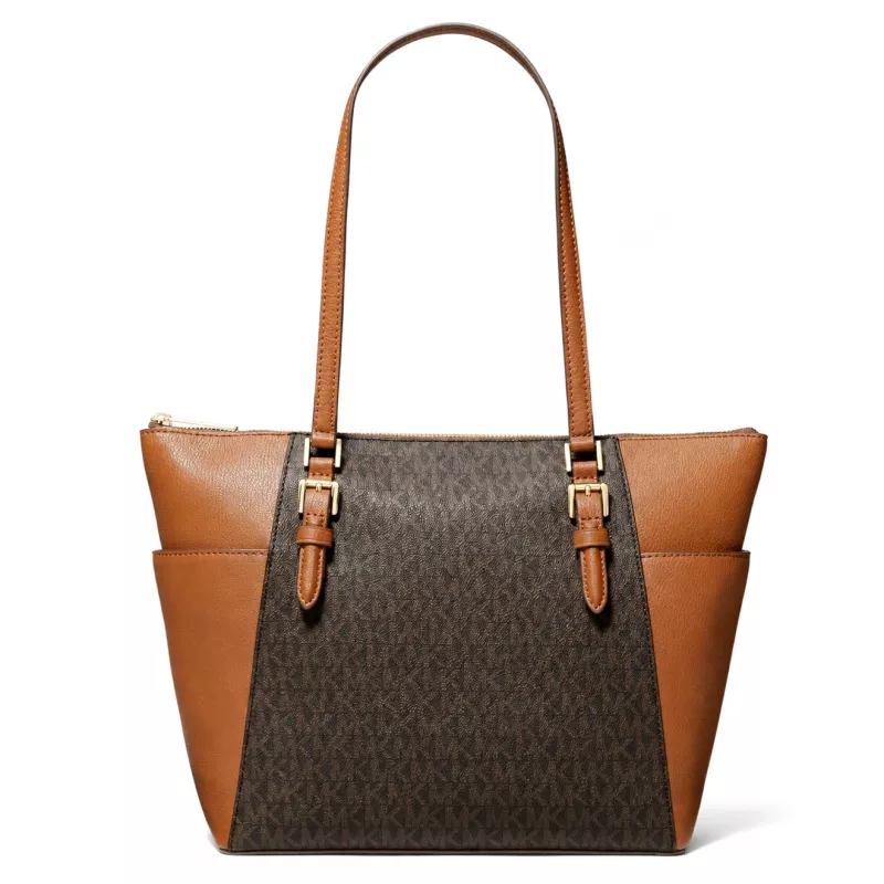 Michael Kors Carmen naiste õlakott - pruun Saffiano nahk kuldsete metalldetailidega (25x28x11 cm)