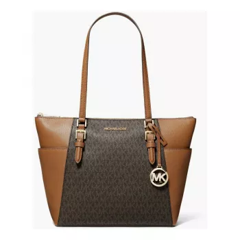 Michael Kors Carmen naiste õlakott - pruun Saffiano nahk kuldsete metalldetailidega (25x28x11 cm)