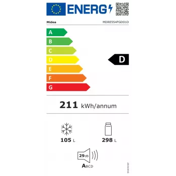 Midea MDRE554FGD01D Sisseehitatav Külmik-Sügavkülmik, No Frost, 403 L, Valge, Energiaklass D
