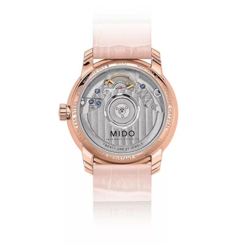 MIDO Baroncelli III Lady automaatkäekell 33mm roosa kuld PVD roostevaba teras hõbedane sihverplaat pruun nahkrihm M027207360100