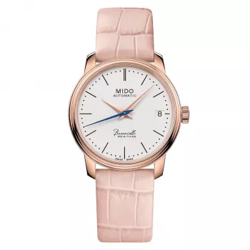 MIDO Baroncelli III Lady automaatkäekell 33mm roosa kuld PVD roostevaba teras hõbedane sihverplaat pruun nahkrihm M027207360100