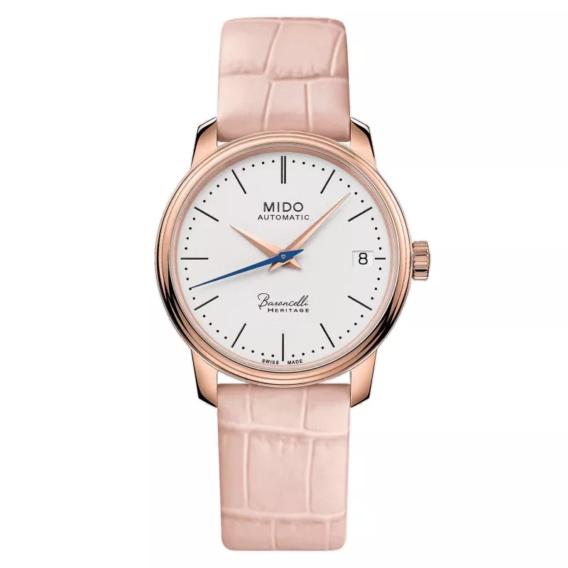 MIDO Baroncelli III Lady automaatkäekell 33mm roosa kuld PVD roostevaba teras hõbedane sihverplaat pruun nahkrihm M027207360100