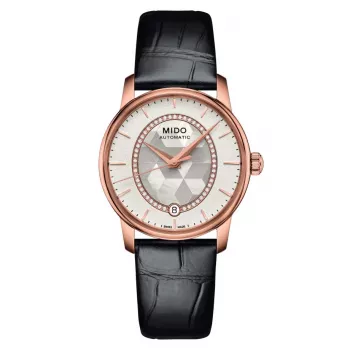 MIDO Baroncelli III Lady automaatkäekell 33mm roosakuldne PVD valge pärlmutter sihverplaadi teemantindeksitega valge nahkrihm