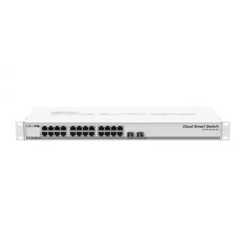 MikroTik CSS326-24G-2S+RM Hallatav Layer 2 Switch, 24x Gigabit Ethernet, 2x 10G SFP+, PoE Sisend, 1U Rackmount, Valge