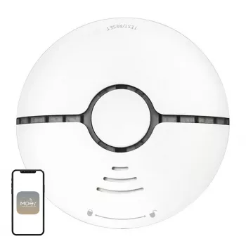 MOES WSS-S-SSD-A Wi-Fi fotoelektriline suitsuandur Tuya rakenduse teavitustega, 85dB sireen, CR123A patareitoitel, ühildub Alexa ja Google Assistantiga, valge