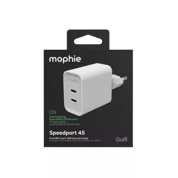 Mophie ROC GaN 45W kahe USB-C seinakinnitusega laadija - valge