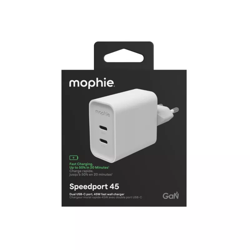 Mophie ROC GaN 45W kahe USB-C seinakinnitusega laadija - valge