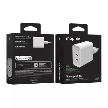 Mophie ROC GaN 45W kahe USB-C seinakinnitusega laadija - valge