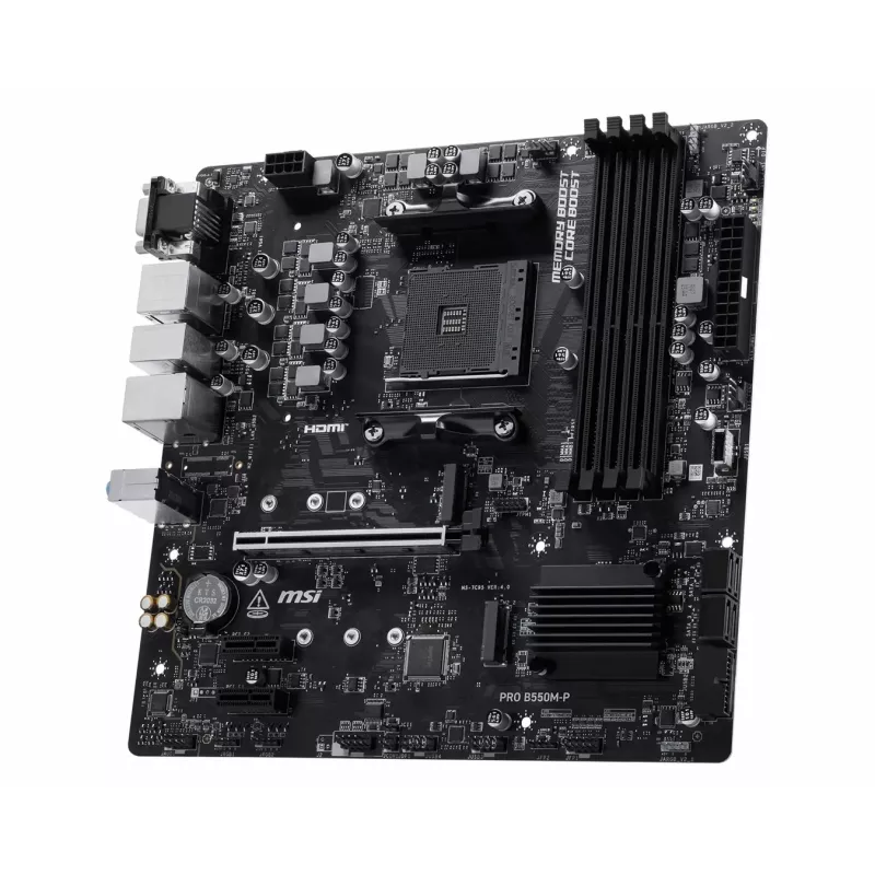 MSI PRO B550M-P emaplaat, AMD AM4, B550, Micro-ATX, 4x DDR4, 128GB max, Dual M.2, Gigabit LAN