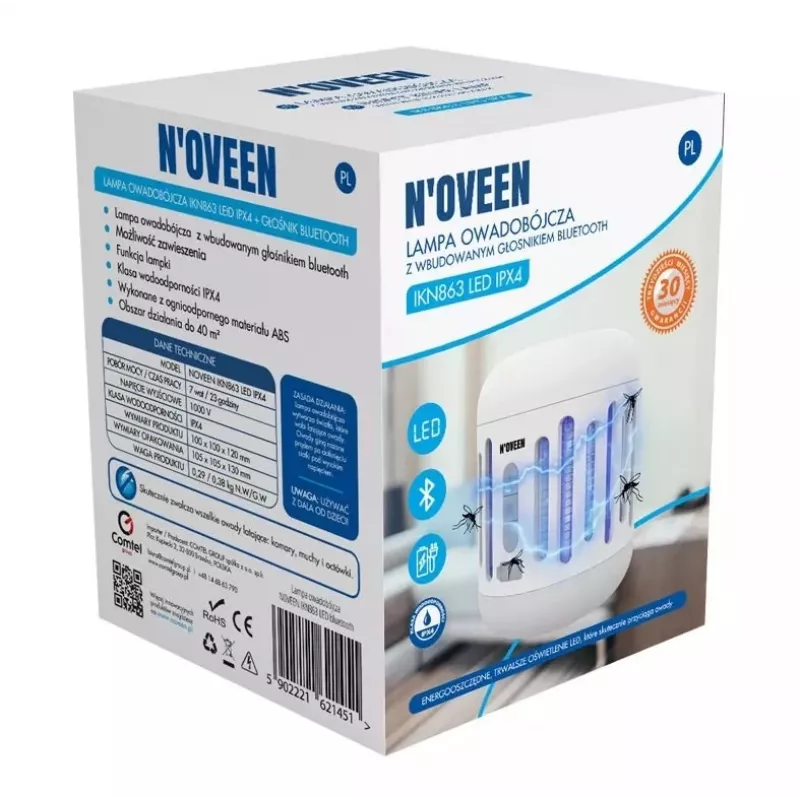 N'OVEEN IKN863 Putukatõrjelamp Bluetooth-kõlariga, LED, IPX4, 2000V elektrivõrk, 40 m² katvus, USB-C laetav