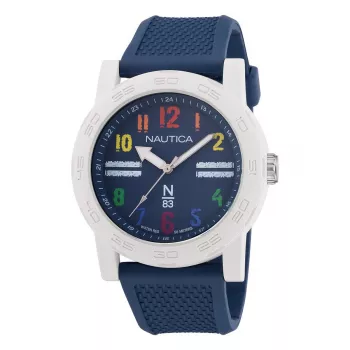 NAUTICA NAPATS304 Meeste kvarts-analoogkell, 42,5mm roostevabast terasest korpus, sinine silikoonrihm, 100m veekindlus